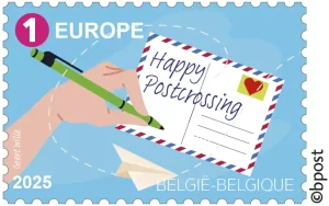 Signing a postcard