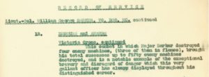 William George Barker's service record note about his Victoria Cross win