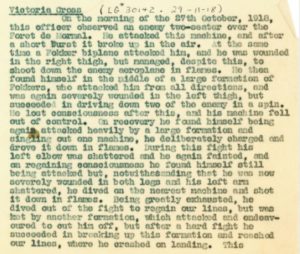 William George Barker's service record note about his Victoria Cross win